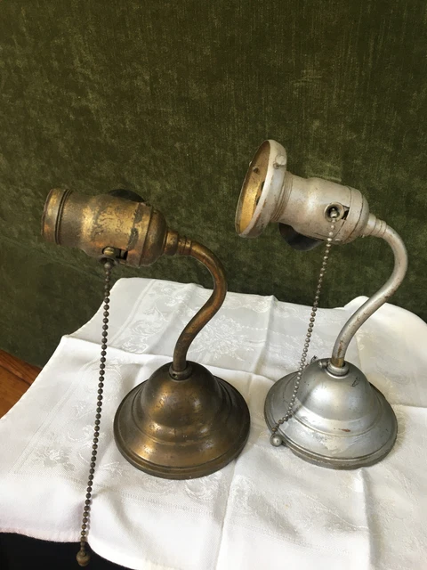 2 Vintage HUBBELL WALL SCONCES Goose Neck Lamps with Original Acorn Pull Chains