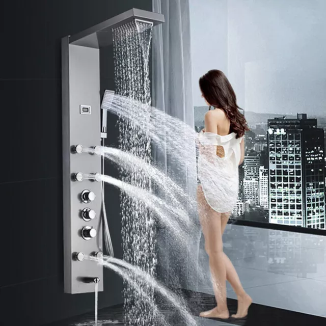 Columna de ducha de lluvia, mezclador termostático, grifo de ducha,  cascada, 6 piezas, chorros de masaje, torre con ducha de mano, boquilla de  ducha
