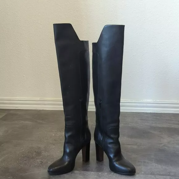 Vince Over the Knee Leather Boots Black 8M fall sexy chic Dempsey Block Heel