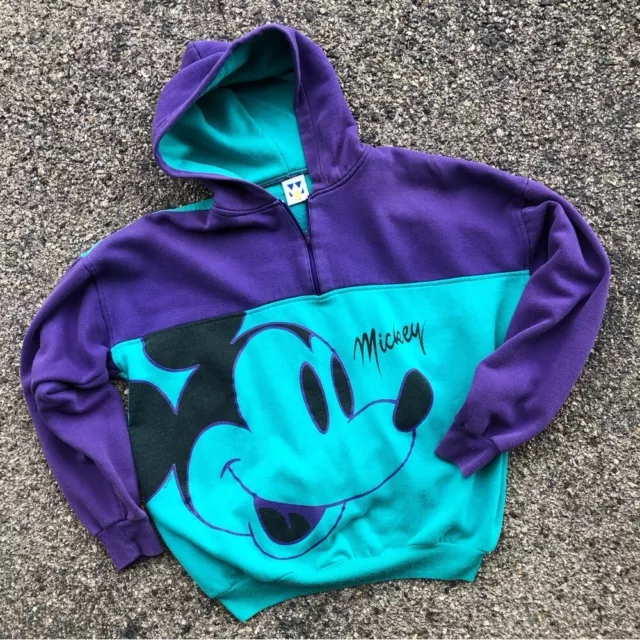 Vtg Mickey Mouse Disney Purple/Turquoise Hoodie - Size Large/XL