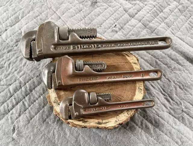 Set of 3 Vintage  Ridgid Pipe Wrenches - 6", 8", 10" - USA