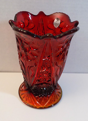 FENTON Vase Hobstar & Flower Pattern Ruby Red GLASS QVC 2009 H 6 ½”