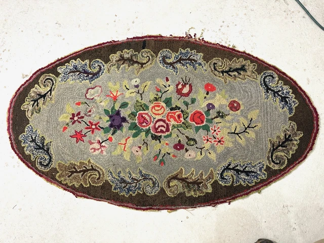 ANTIQUE 51X29& PRIMITIVE FOLK ART AMERICAN HOOKED RAG RUG OVAL FLORAL ...