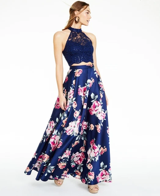City Studios Juniors' Lace Top And Floral 2-Pc. Gown Blue Size 17