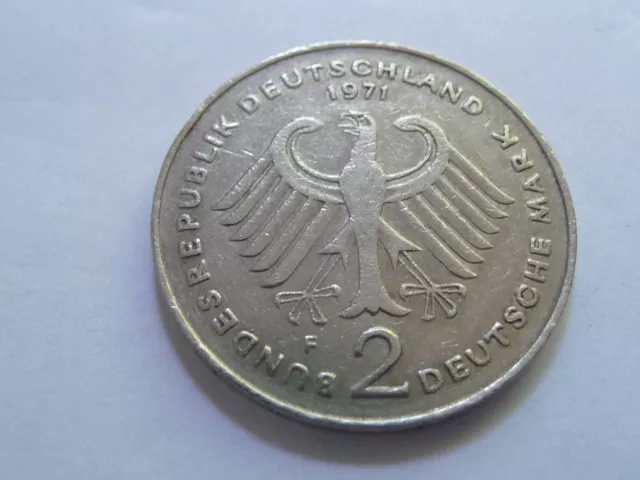 2 DM Deutsche Mark, Konrad Adenauer 1971 F, BRD Umlaufmünze, Kursmünze