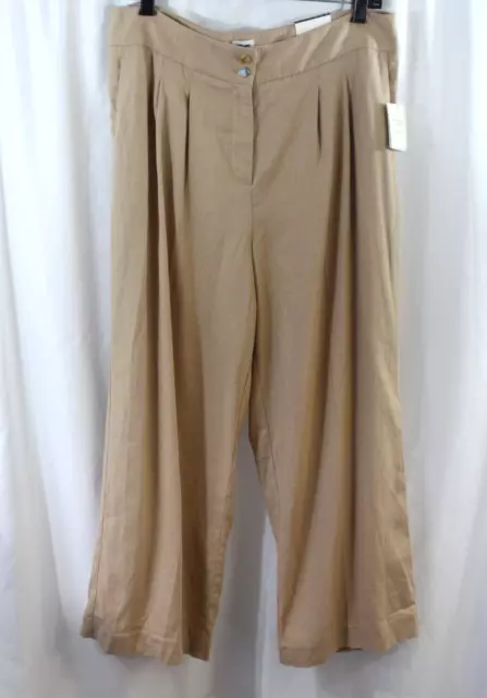 NWT Anne Klein $89 Womens Sand Beige Wide Leg Pleated Crop Linen Blend Pants 8