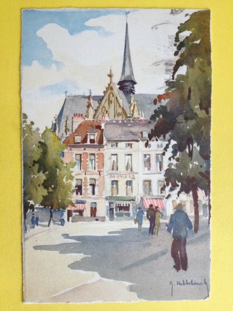 cpa illustration signed J. HUBBELINCK BRUSSELS Place et CHURCH du SABLON stamp
