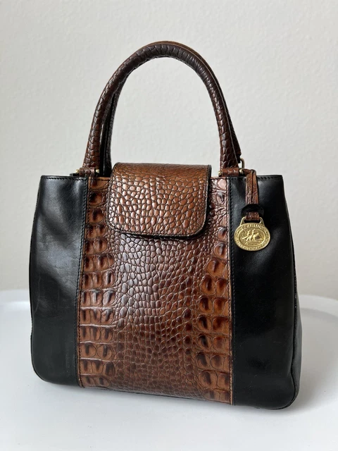 BRAHMIN Black Pecan Brown Melbourne Croc-Embossed Leather Satchel Purse Hand Bag