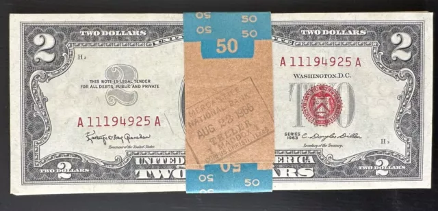 ✯ Two Dollar Red Seal $2 Bill UNC CU✯ From Pack 1 Consecutive Uncirculated Note✯