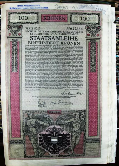 Austria. Government 100 Kronen bond dated 1917 Text in 8 languages of Empire