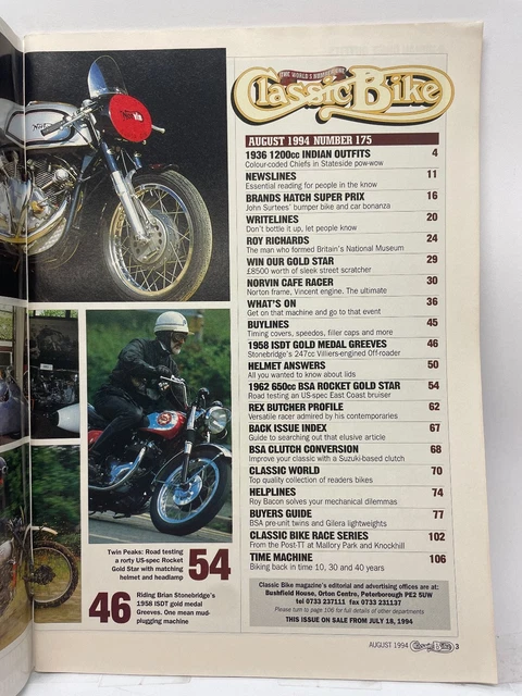 CLASSIC BIKE MAGAZINE Août 1994 N°175 Mensuel Anglais Café Racer Norton ...