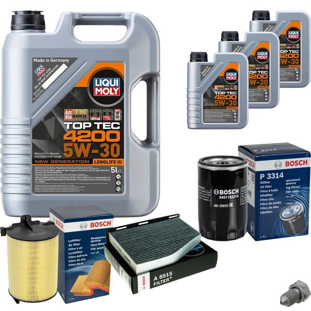 Inspektionspaket Top Tec 4200 5W-30 5L + Ölfilter Luftfilter Innenraumfilter Kraftstofffilter + Ablassschraube Für Audi A5 Sportback F5A 40 TDI & A4