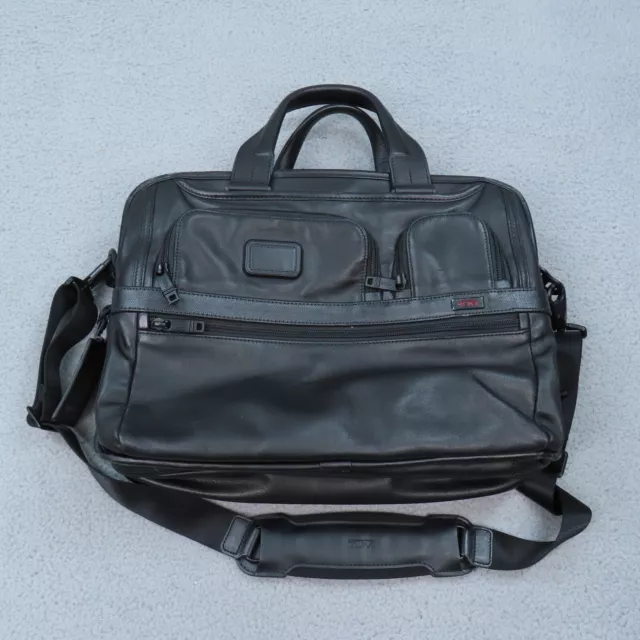 Tumi Alpha II #96141D2 Black Leather Expandable Laptop Briefcase Messenger Bag