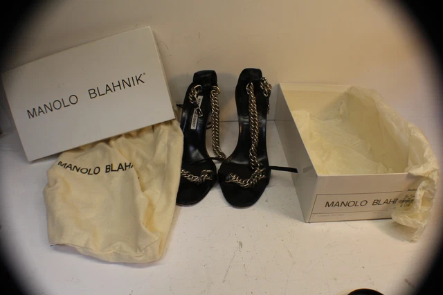 Manolo Blahnik 38.5  8 1/2B black heel sandal with chain original box free ship