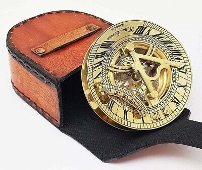 Sundial Calendar Pocket Compass with Leather Case Vintage Nautical