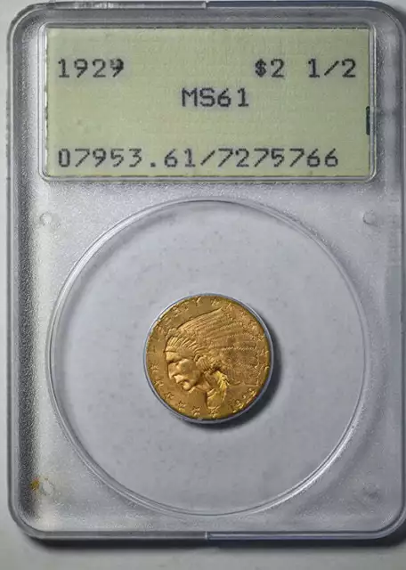 1929 Indian Head Gold Quarter Eagle $2.50 PCGS Rattler MS61