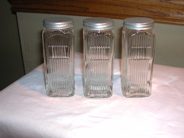 HOOSIER CABINET NAPANEE MISSION SPICE JARS W/SHAKER LIDS Original Set 3 arched