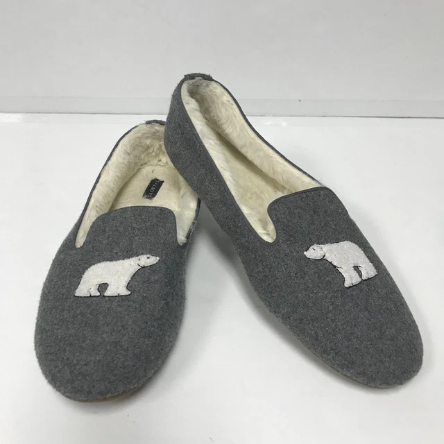 Talbots Polar Bear Loafer Slipper Womens 11 Gray Felt Embroidered Faux Fur