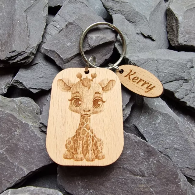 Baby Giraffe Wooden Keyring - Handmade African Animal Keychain Gift For Her