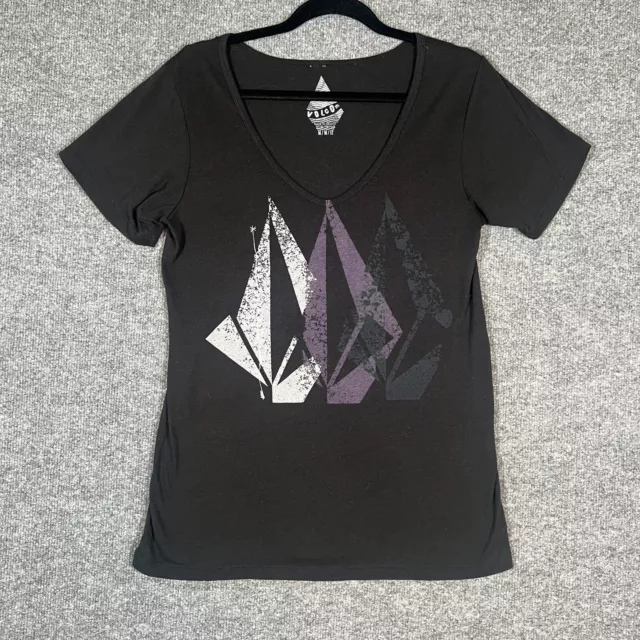 Volcom Shirt Womens Medium Black Tshirt Short Sleeve Vneck Casual Y2K