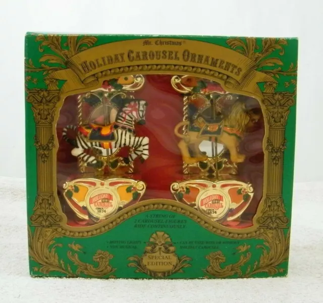 New! 1993 Mr Christmas Special Edition Holiday Carousel Ornaments Zebra & Lion