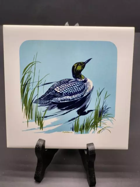 Wild Duck Vintage TILE Screencraft Hand Decorated Signed USA 6" X 6" CORK Back