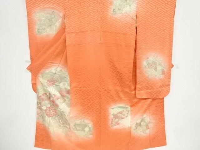 37712# Japanese Kimono / Antique Furisode / Woven Fan With Flower