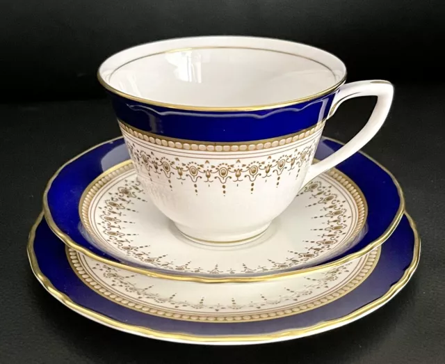 Royal Worcester “Regency” Blue Tea Cup Saucer Plate Trio, England, As New