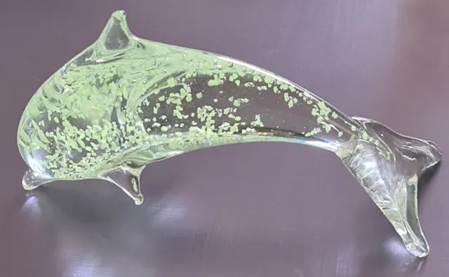 Illuminating Green Speckled Glass Dolphin Paperweight/Ornament - Boxed