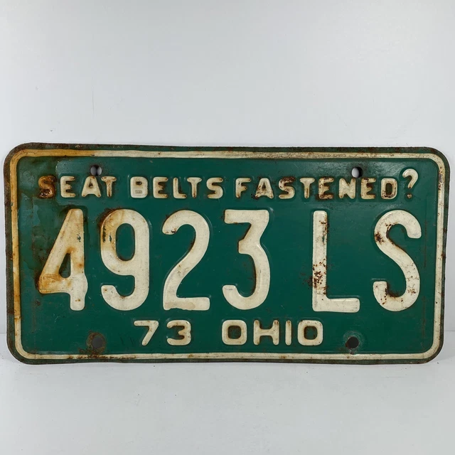 VINTAGE OHIO OH License Plate 1973 SEAT BELTS FASTENED? No. 4923 LS