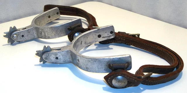 Pair Crockett etched Aluminum Spurs with Leather strap buckles Western Cowboy