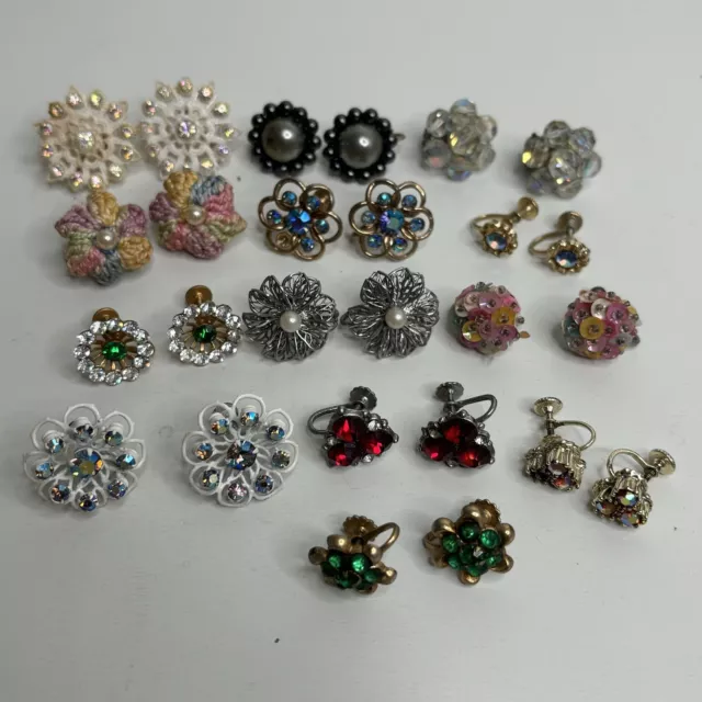 Vintage Clip On Earring Lot Estate Rhinestone 1960s Gold Tone Screw Back Flashy