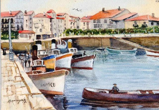 Acuarela Original De Berruguete, Castro Urdiales Ayer Watercolour Aquarelle Art