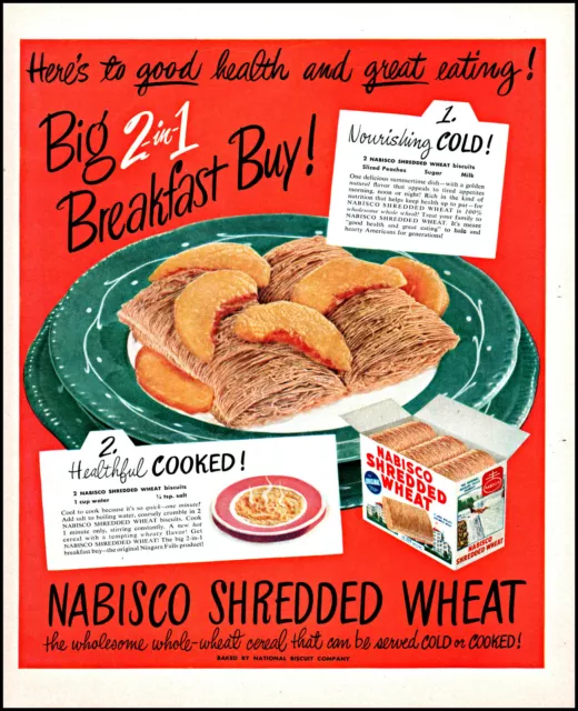 1949 Nabisco Shredded Wheat Cold or Cooked peaches vintage photo print ad adL59