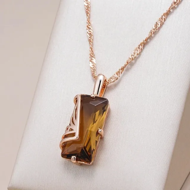 Brown CZ Square Pendant and Necklace 585 Rose gold for women Wedding Jewelry