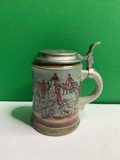Marzi and Remy German Signed Beer Stein Hound Horses Hunting Scene Pewter Lid