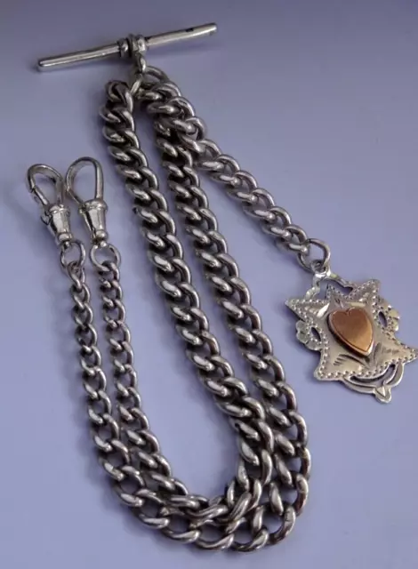 Antique solid silver double pocket watch albert chain, silver & gold Chester fob