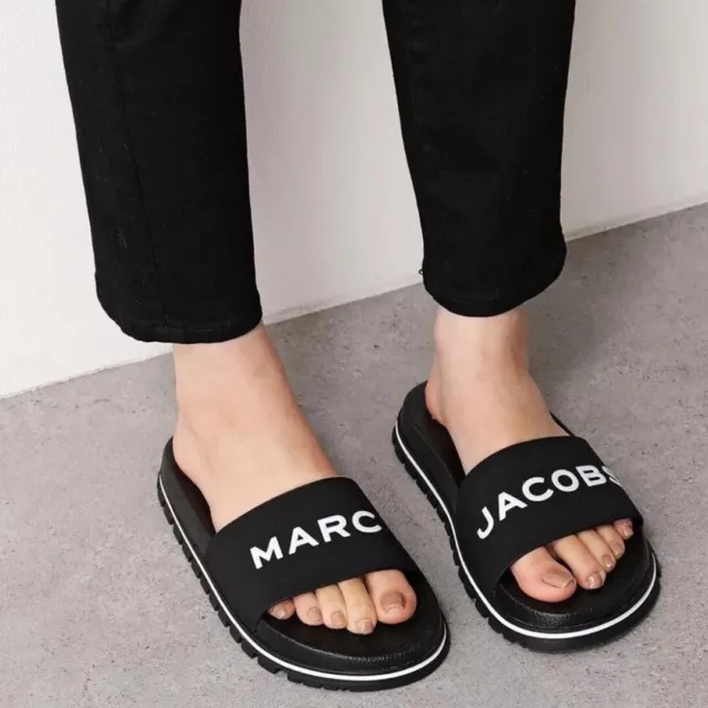 Marc Jacobs Sandals Womens Size 6 Black The Slide Logo Slip On Slides Pool NIB