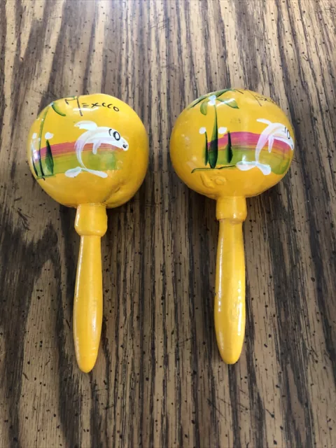 Authentic Hand Painted Gourd  Shakers MARACAS Mexico 2/set Dolphin/Palm Tree