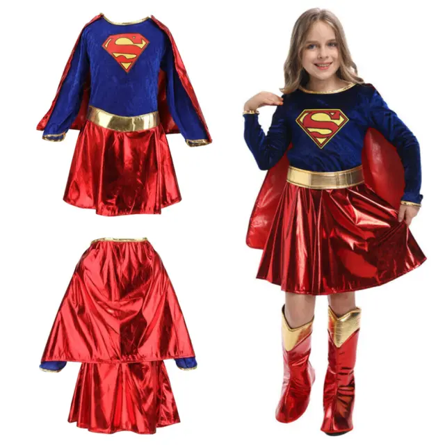 Supergirl Kids Fancy Dress Girls Superhero Costume Xmas Halloween Party Outfit