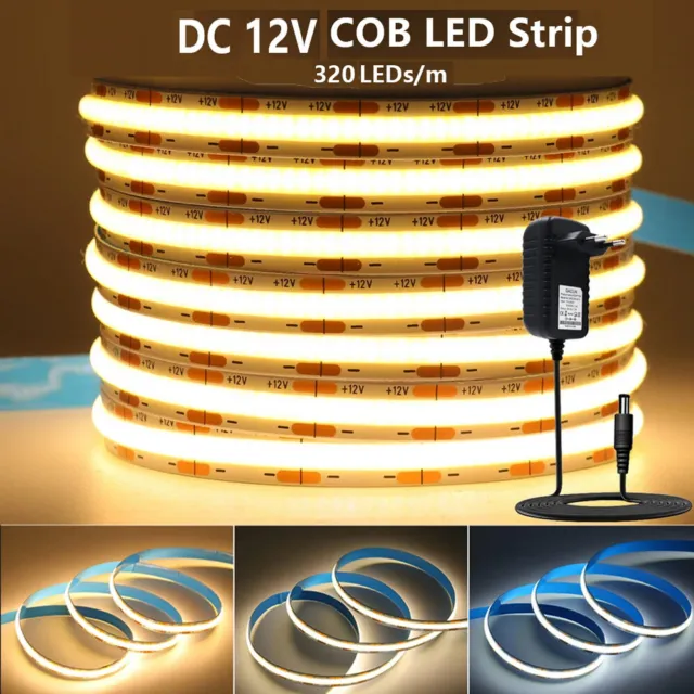 LED Strip Lights High Density 12V COB Flexible Tape Rope Cabinet Kitchen Lights