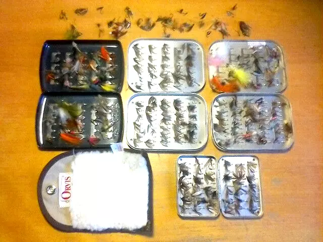 Vintage fly boxes Hardy Wheatley, Shakespeare, Orvis plus over 300 flies