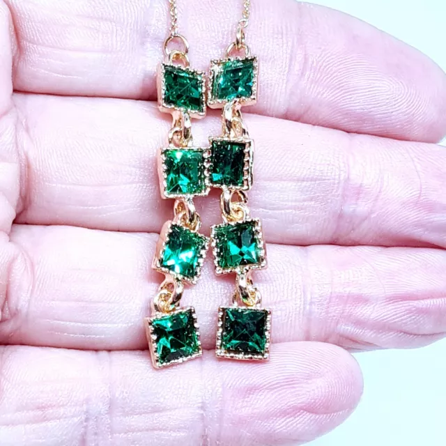 Green Crystal Pull Through Dangle Earrings Gold Plated