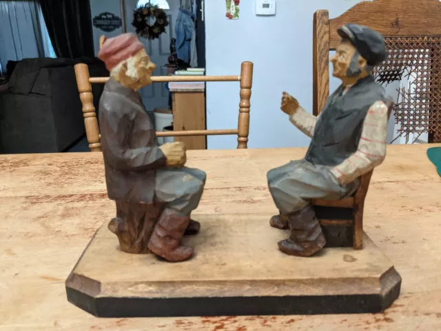 Folk Art Andre Bourgalt Hand Carved & Hand Painted Wooden Sculpture. 2 Old Men