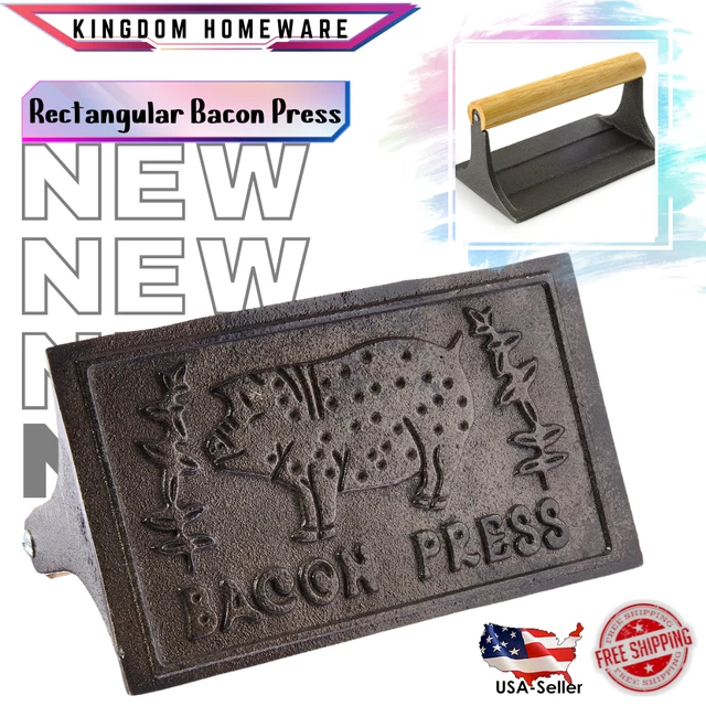 Bacon Press Cast Iron Wood Handle Grill Pressing Steak Cooking Burger Ham BBQ US