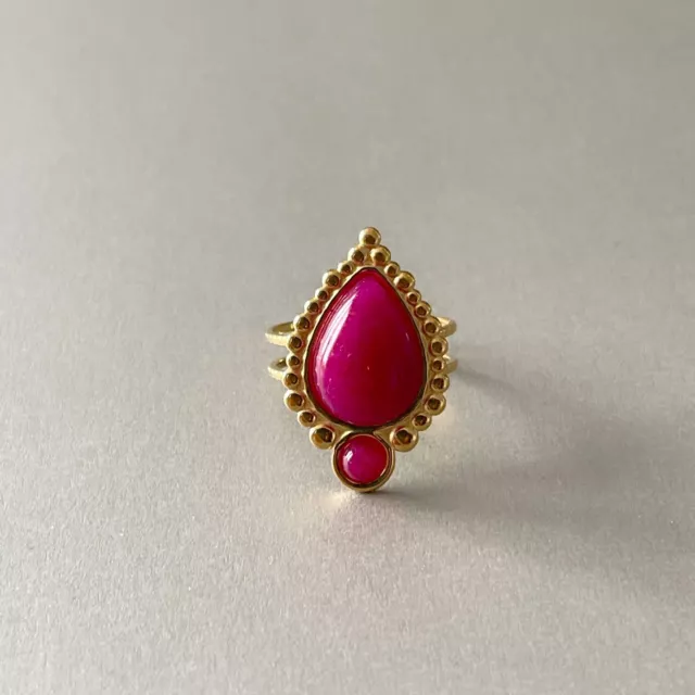 18k Gold Plated Adjustable Ring With Natural Cerise Pink Stone