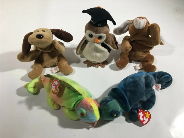 Lot of 5 TY Beanie Babies w/Tags Ears Wise Bones Iggy Rainbow 1994-1997 Class 98