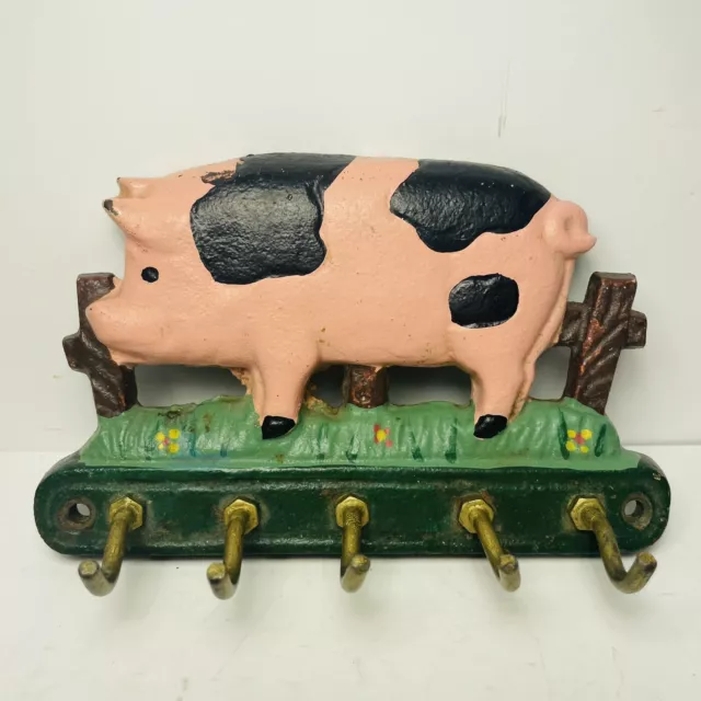 Vintage Cast Iron Pig 5 Key Hooks Hanger Rustic Metal Farmhouse Wall Mount 5.25”