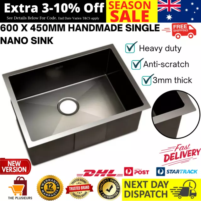 600 x 450mm Handmade Single Nano Sink 304 Stainless Steel Laundry Kitchen Black