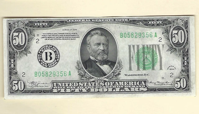 $50 1934 Series FRN Fr-2102-B New York Paper Money Light Green Seal XF+ Currency